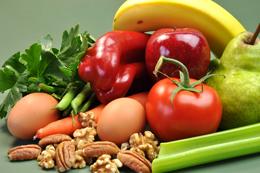 fresh vegetable, fruit, eggs, and nuts